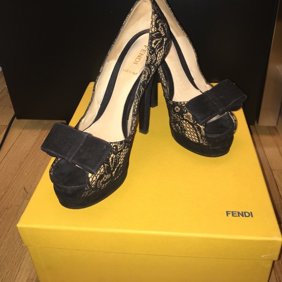 Fendi Black Lace Peep Toe Heels - Picture 1 of 5